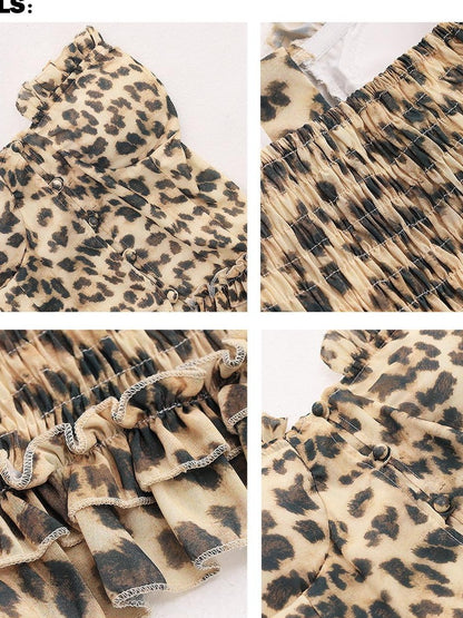 QIUQIU STUDIO Leopard Print Off Shoulder Ribbon Tie Slim Fit Two Piece Women&