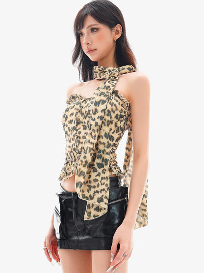 QIUQIU STUDIO Leopard Print Off Shoulder Ribbon Tie Slim Fit Two Piece Women&
