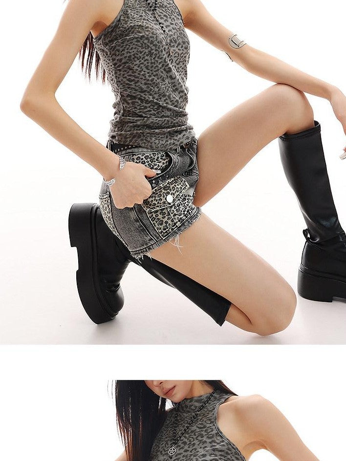 QIUQIU STUDIO Leopard Print Ripped Colorblock Natural Waist Loose Women&