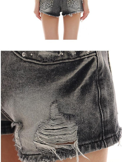 QIUQIU STUDIO Leopard Print Ripped Colorblock Natural Waist Loose Women&