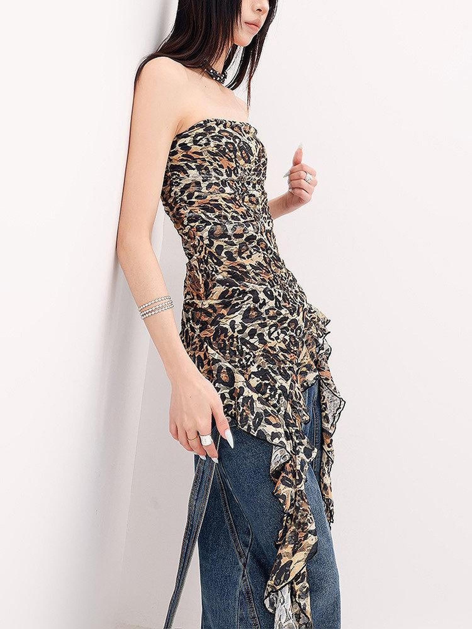 QIUQIU STUDIO Leopard Print Ruffle Ribbon Tie Slim Fit Mid Length Women&