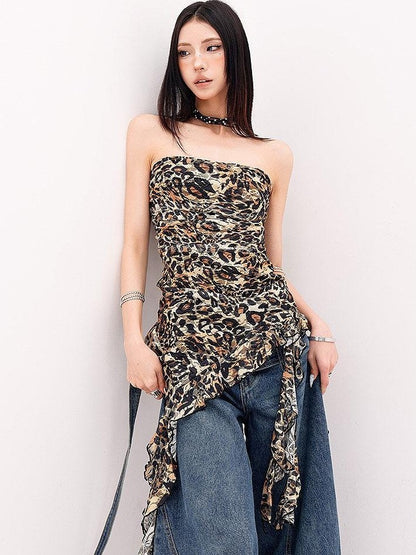 QIUQIU STUDIO Leopard Print Ruffle Ribbon Tie Slim Fit Mid Length Women&