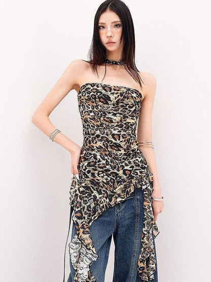 QIUQIU STUDIO Leopard Print Ruffle Ribbon Tie Slim Fit Mid Length Women&
