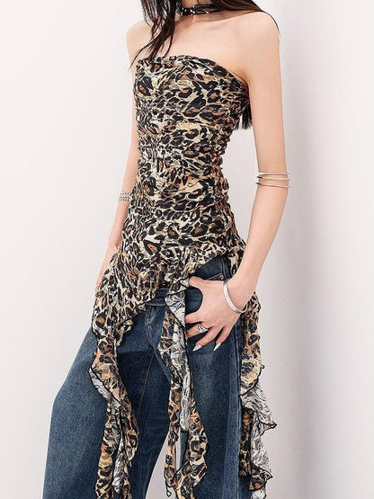 QIUQIU STUDIO Leopard Print Ruffle Ribbon Tie Slim Fit Mid Length Women&