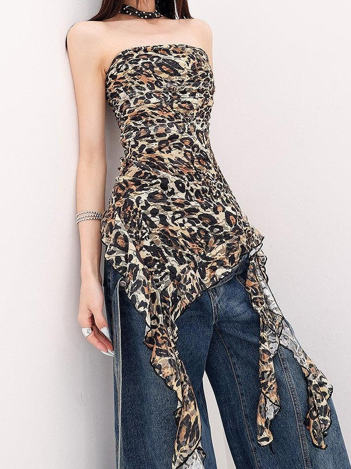 QIUQIU STUDIO Leopard Print Ruffle Ribbon Tie Slim Fit Mid Length Women&