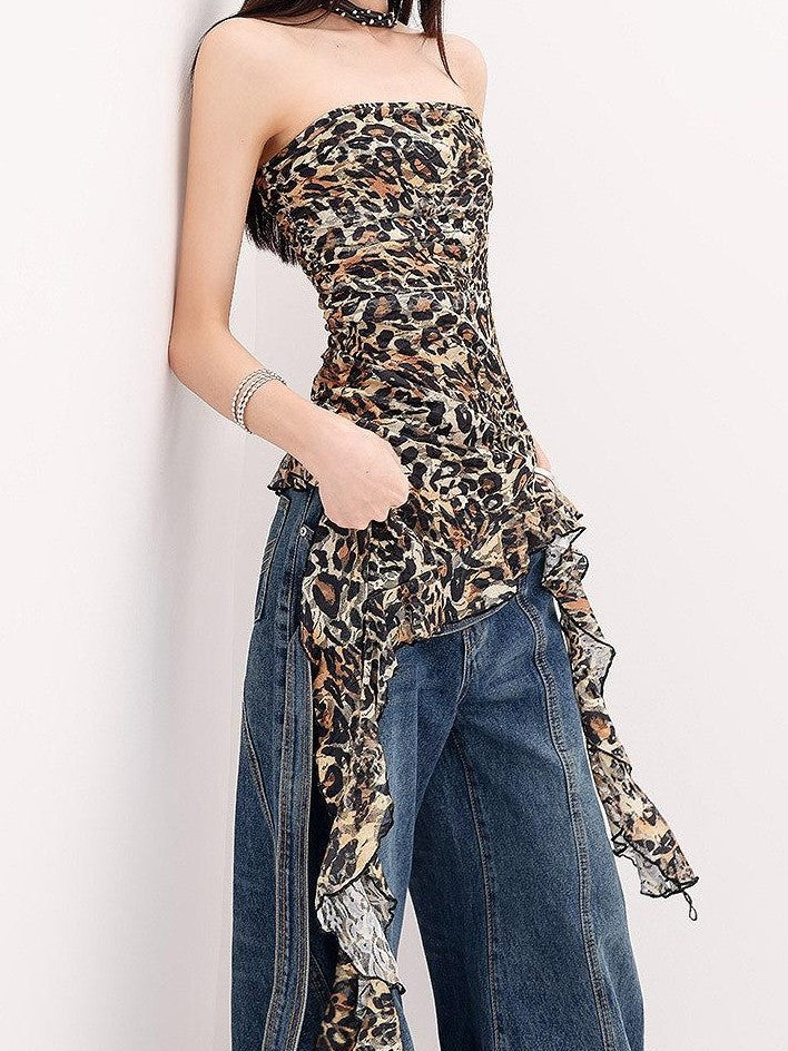 QIUQIU STUDIO Leopard Print Ruffle Ribbon Tie Slim Fit Mid Length Women&