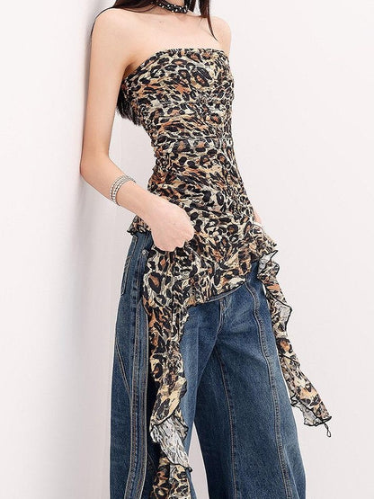 QIUQIU STUDIO Leopard Print Ruffle Ribbon Tie Slim Fit Mid Length Women&