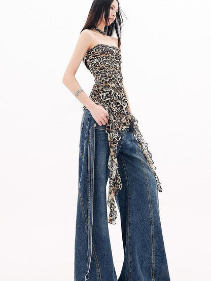 QIUQIU STUDIO Leopard Print Ruffle Ribbon Tie Slim Fit Mid Length Women&