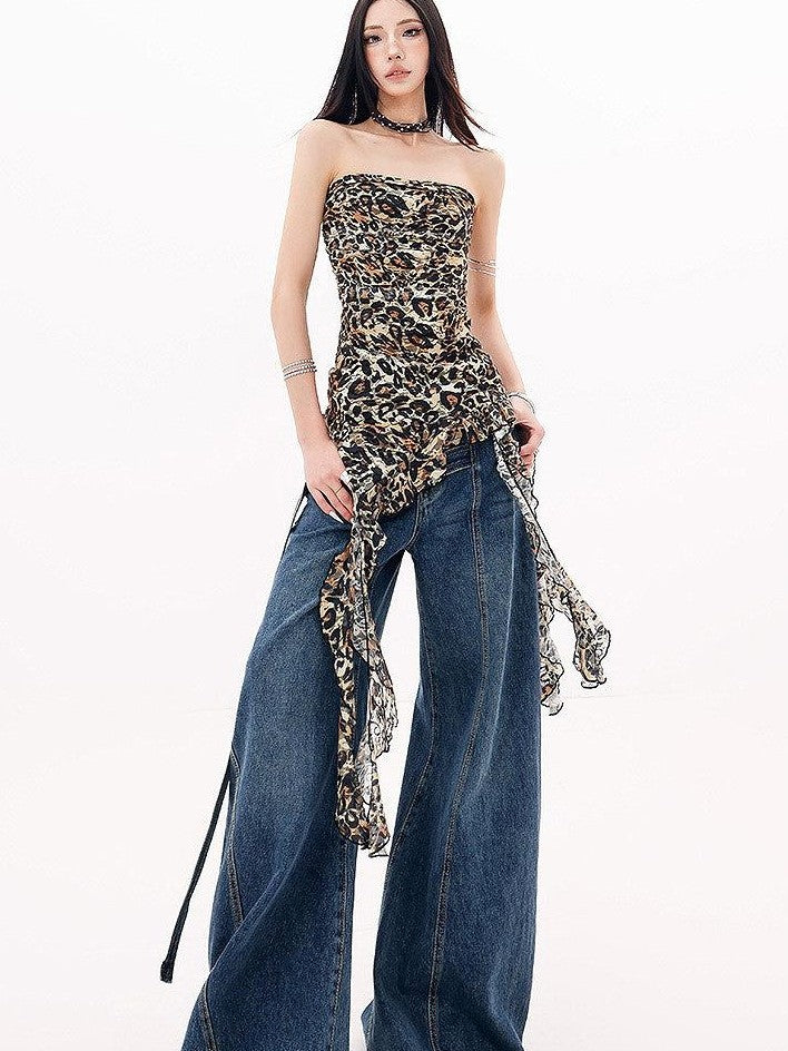 QIUQIU STUDIO Leopard Print Ruffle Ribbon Tie Slim Fit Mid Length Women&