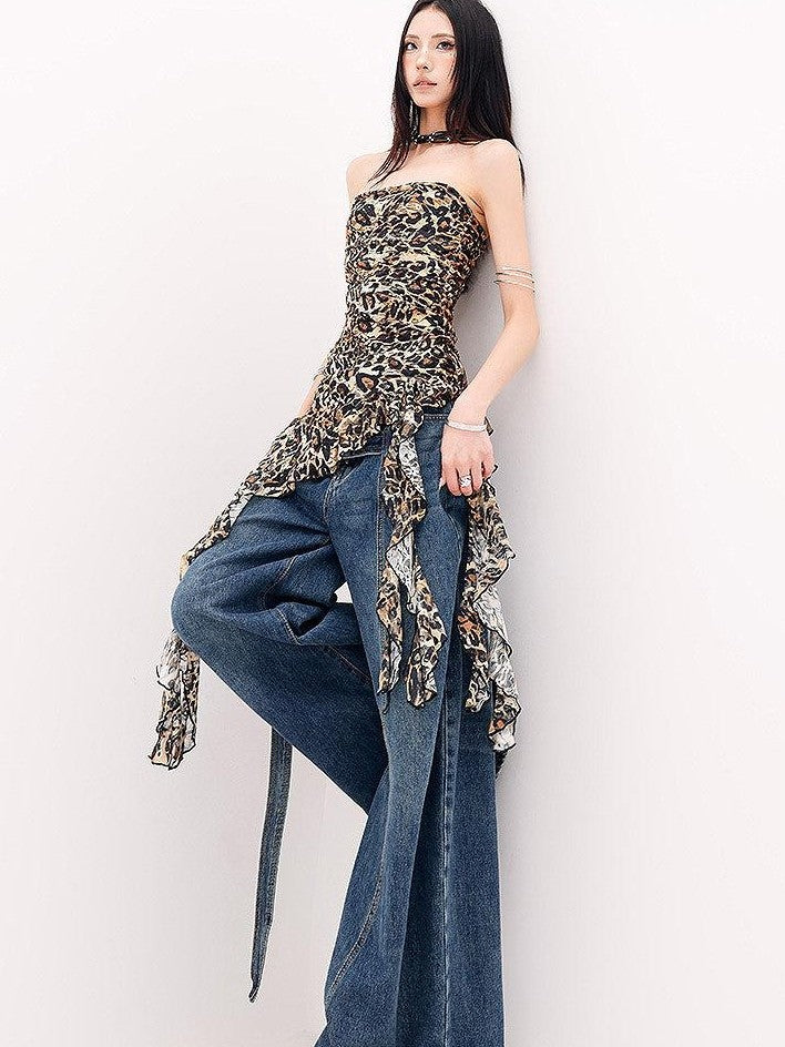 QIUQIU STUDIO Leopard Print Ruffle Ribbon Tie Slim Fit Mid Length Women&