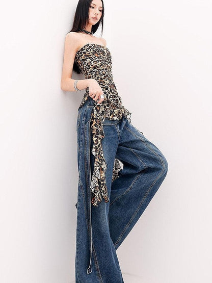 QIUQIU STUDIO Leopard Print Ruffle Ribbon Tie Slim Fit Mid Length Women&