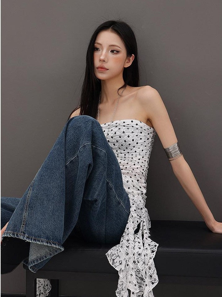 QIUQIU STUDIO Leopard Print Ruffle Ribbon Tie Slim Fit Mid Length Women&