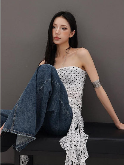 QIUQIU STUDIO Leopard Print Ruffle Ribbon Tie Slim Fit Mid Length Women&