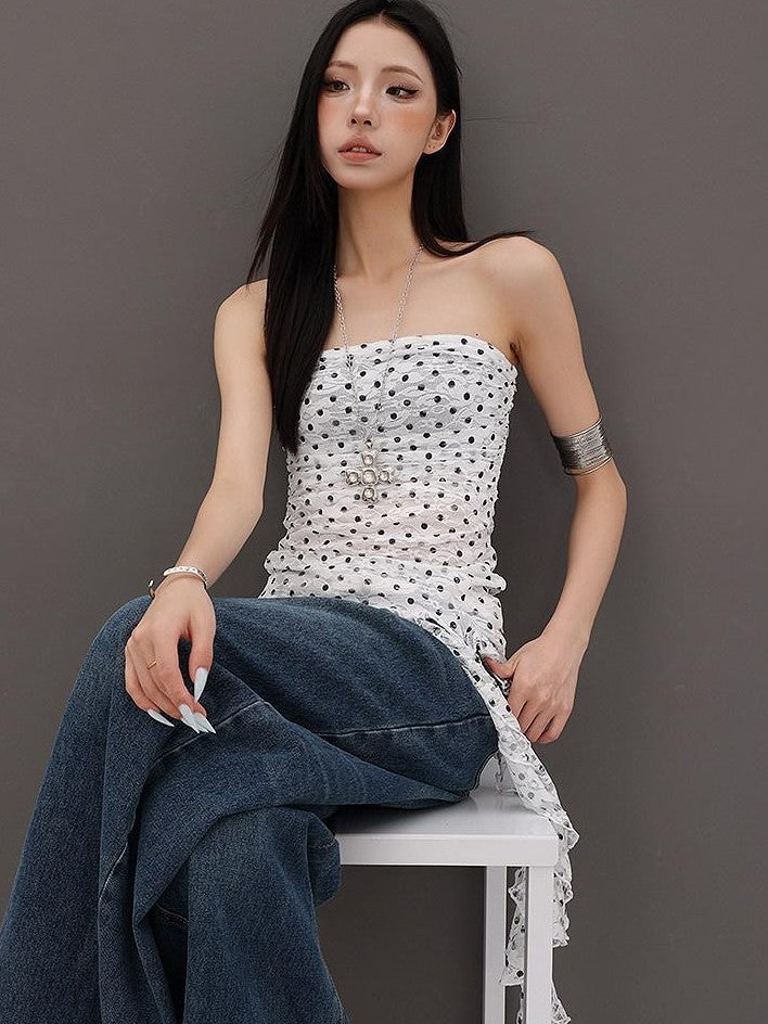 QIUQIU STUDIO Leopard Print Ruffle Ribbon Tie Slim Fit Mid Length Women&
