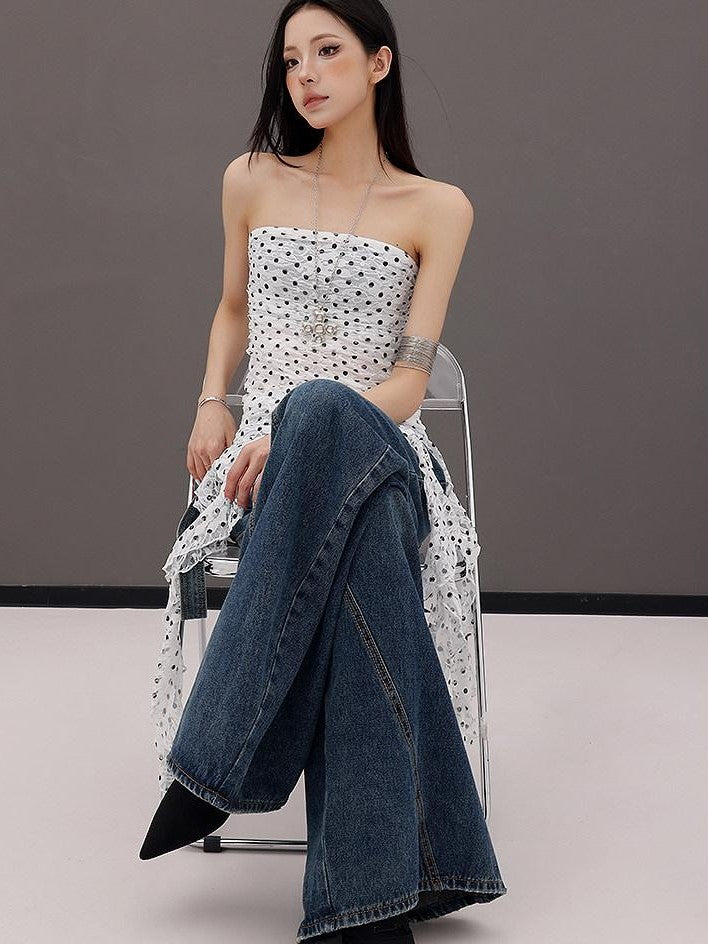 QIUQIU STUDIO Leopard Print Ruffle Ribbon Tie Slim Fit Mid Length Women&