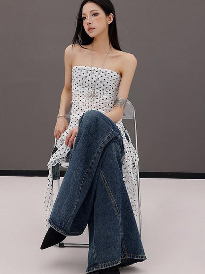 QIUQIU STUDIO Leopard Print Ruffle Ribbon Tie Slim Fit Mid Length Women&