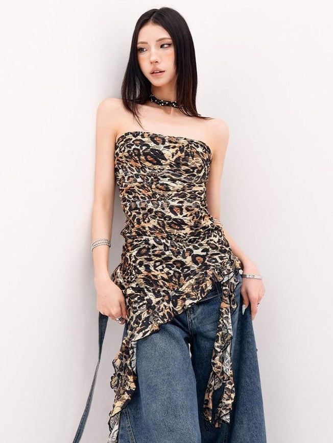 QIUQIU STUDIO Leopard Print Ruffle Ribbon Tie Slim Fit Mid Length Women&