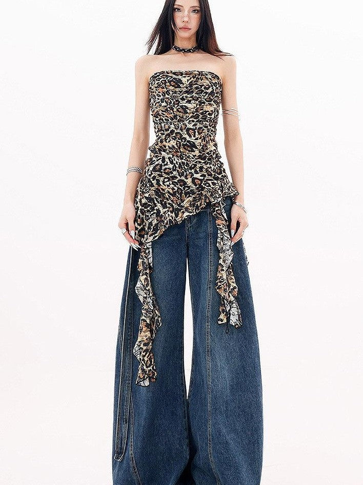 QIUQIU STUDIO Leopard Print Ruffle Ribbon Tie Slim Fit Mid Length Women&