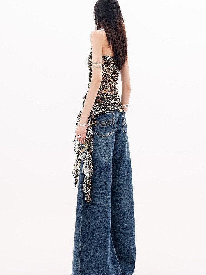 QIUQIU STUDIO Leopard Print Ruffle Ribbon Tie Slim Fit Mid Length Women&