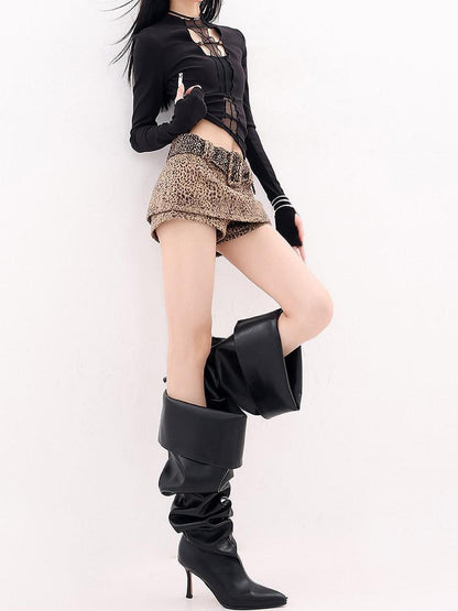 QIUQIU STUDIO Leopard Print Vintage Slim Fit Wide Waistband Women&