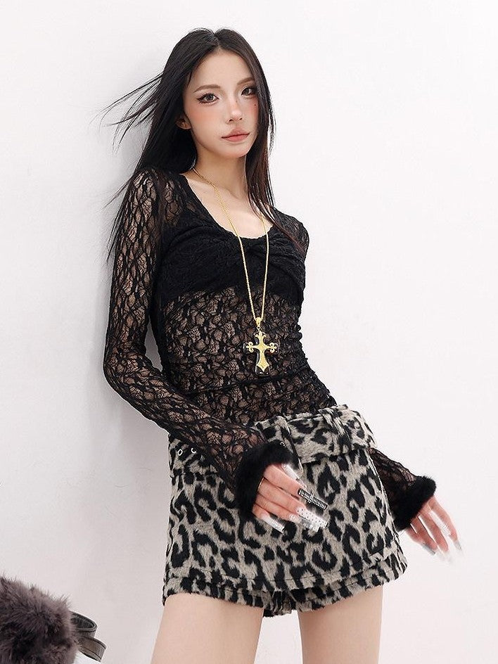 QIUQIU STUDIO Leopard Print Vintage Slim Fit Wide Waistband Women&