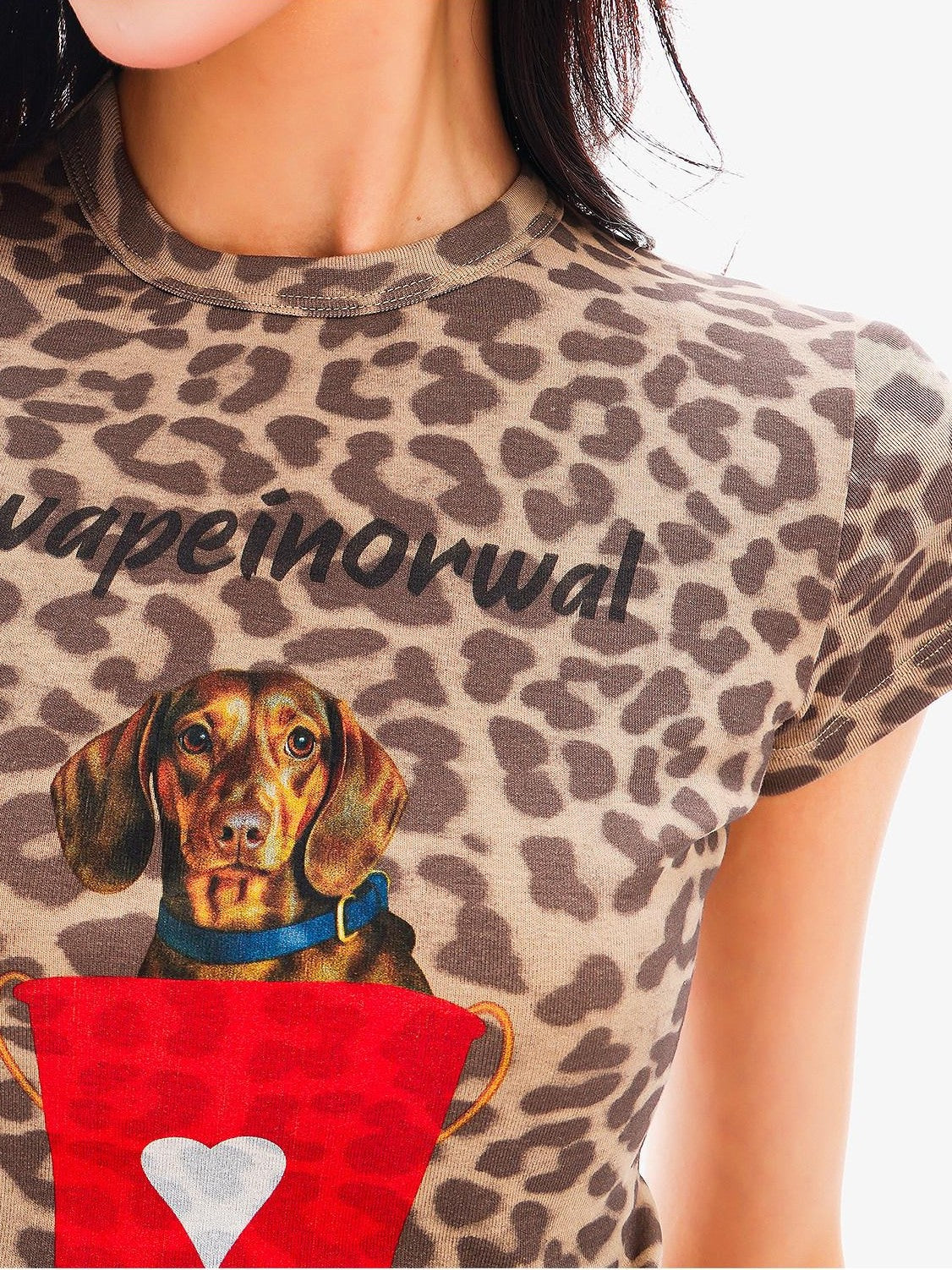 QIUQIU STUDIO Leopard Puppy Print Cropped Waist Cinch Round Neck Women&