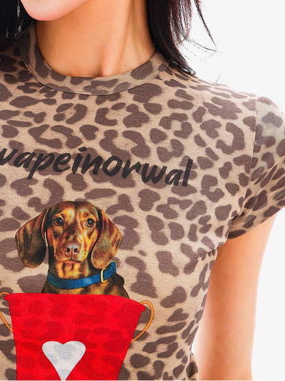QIUQIU STUDIO Leopard Puppy Print Cropped Waist Cinch Round Neck Women&