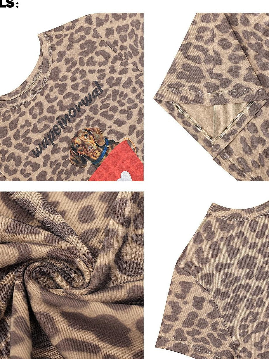 QIUQIU STUDIO Leopard Puppy Print Cropped Waist Cinch Round Neck Women&