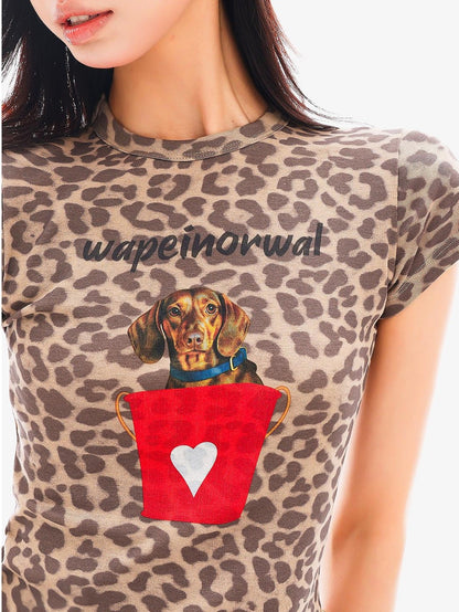 QIUQIU STUDIO Leopard Puppy Print Cropped Waist Cinch Round Neck Women&