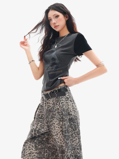 QIUQIU STUDIO Letter Portrait Print Round Neck Raglan Slim Fit Women&