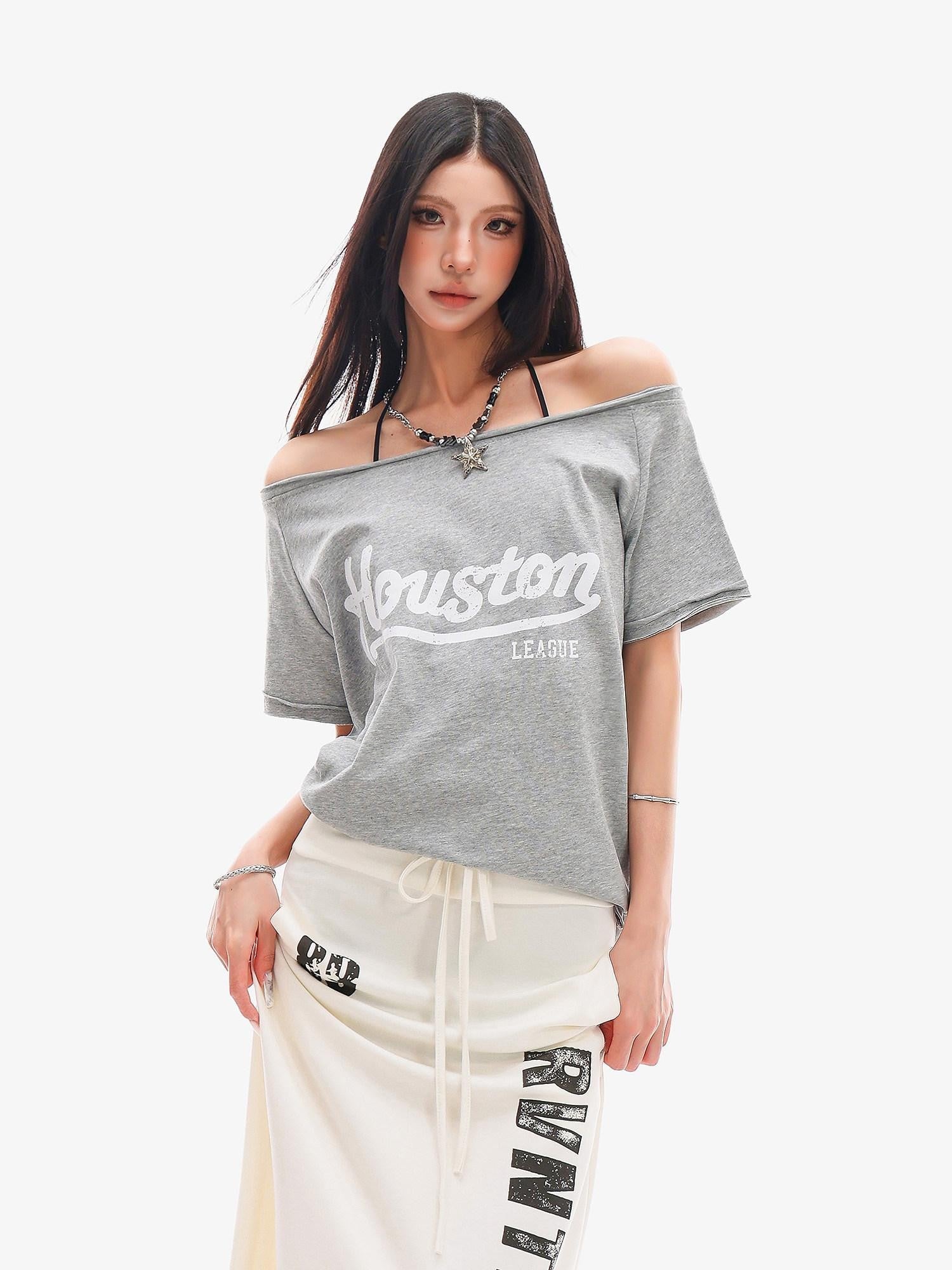 QIUQIU STUDIO Letter Print Asymmetric Shoulder Slim Fit Women&