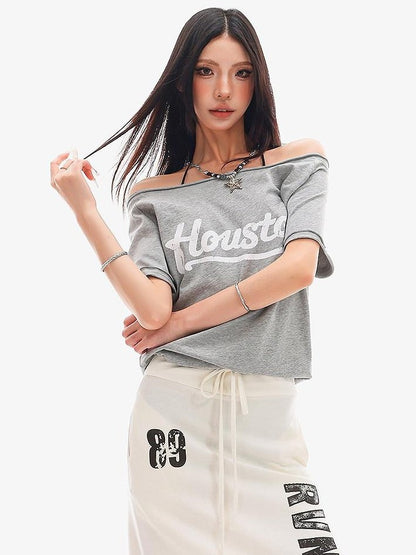QIUQIU STUDIO Letter Print Asymmetric Shoulder Slim Fit Women&
