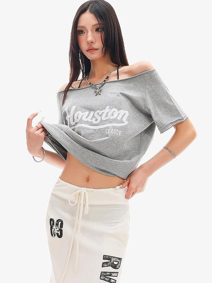 QIUQIU STUDIO Letter Print Asymmetric Shoulder Slim Fit Women&