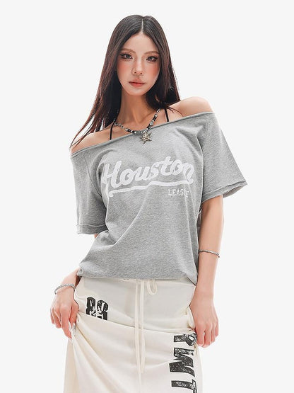 QIUQIU STUDIO Letter Print Asymmetric Shoulder Slim Fit Women&