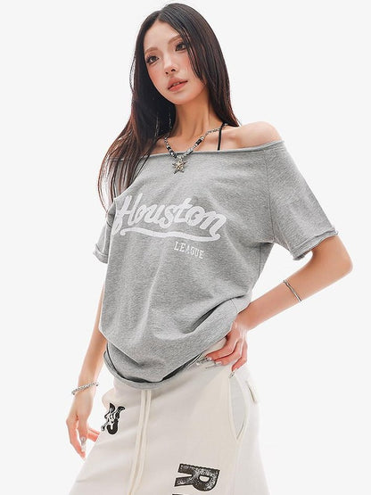 QIUQIU STUDIO Letter Print Asymmetric Shoulder Slim Fit Women&