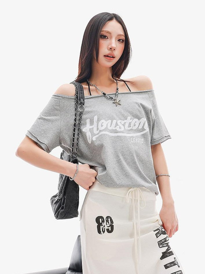 QIUQIU STUDIO Letter Print Asymmetric Shoulder Slim Fit Women&