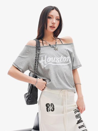 QIUQIU STUDIO Letter Print Asymmetric Shoulder Slim Fit Women&
