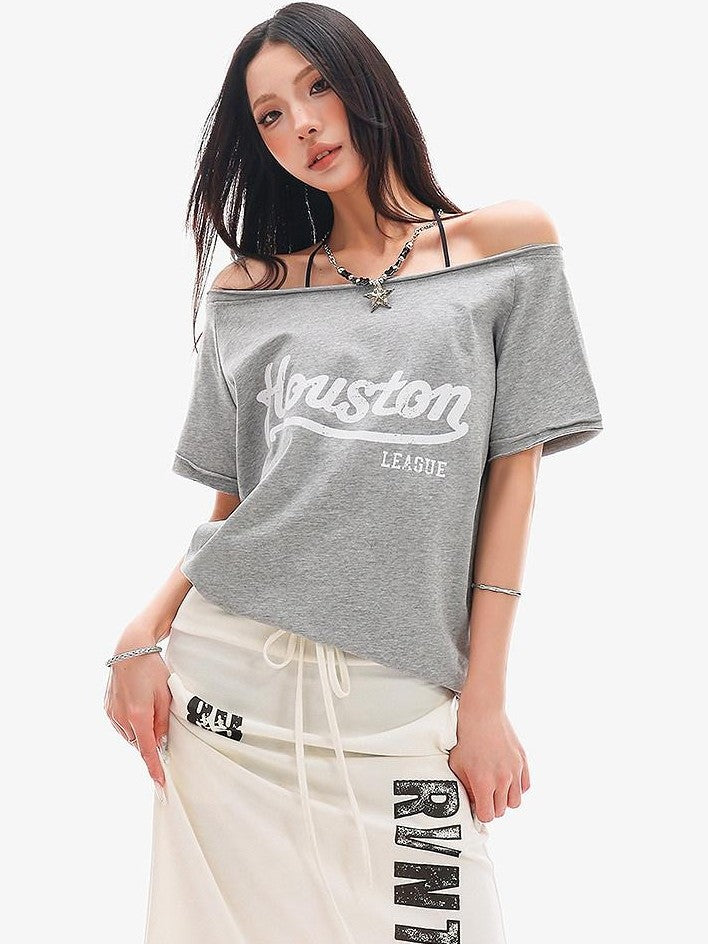 QIUQIU STUDIO Letter Print Asymmetric Shoulder Slim Fit Women&