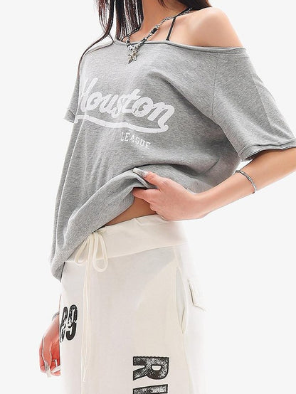 QIUQIU STUDIO Letter Print Asymmetric Shoulder Slim Fit Women&