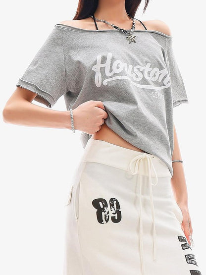 QIUQIU STUDIO Letter Print Asymmetric Shoulder Slim Fit Women&