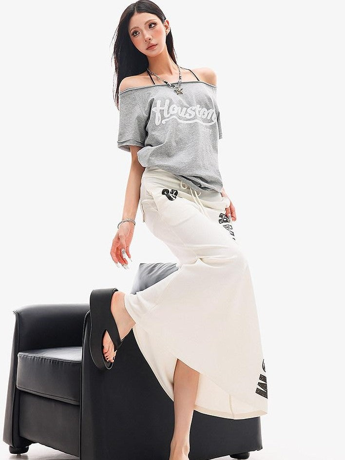 QIUQIU STUDIO Letter Print Asymmetric Shoulder Slim Fit Women&