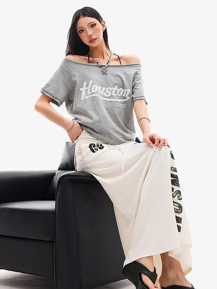 QIUQIU STUDIO Letter Print Asymmetric Shoulder Slim Fit Women&