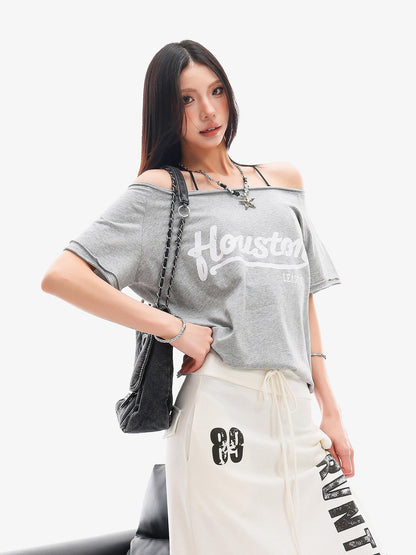 QIUQIU STUDIO Letter Print Asymmetric Shoulder Slim Fit Women&