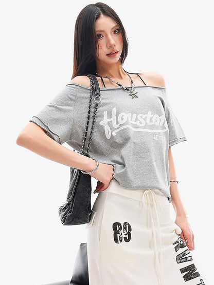 QIUQIU STUDIO Letter Print Asymmetric Shoulder Slim Fit Women&