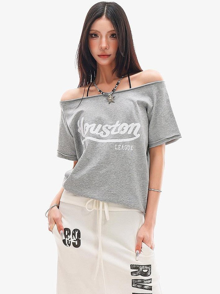 QIUQIU STUDIO Letter Print Asymmetric Shoulder Slim Fit Women&