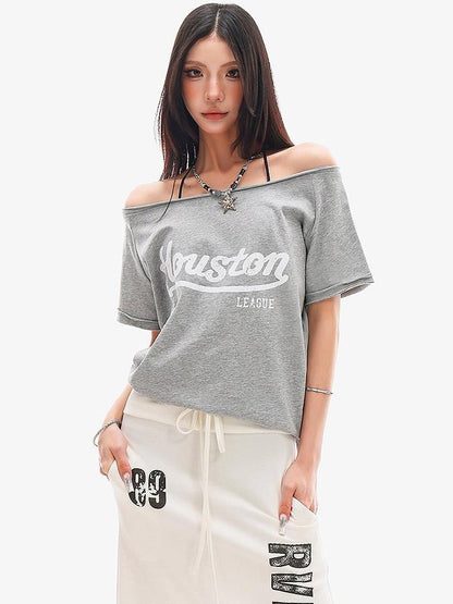 QIUQIU STUDIO Letter Print Asymmetric Shoulder Slim Fit Women&