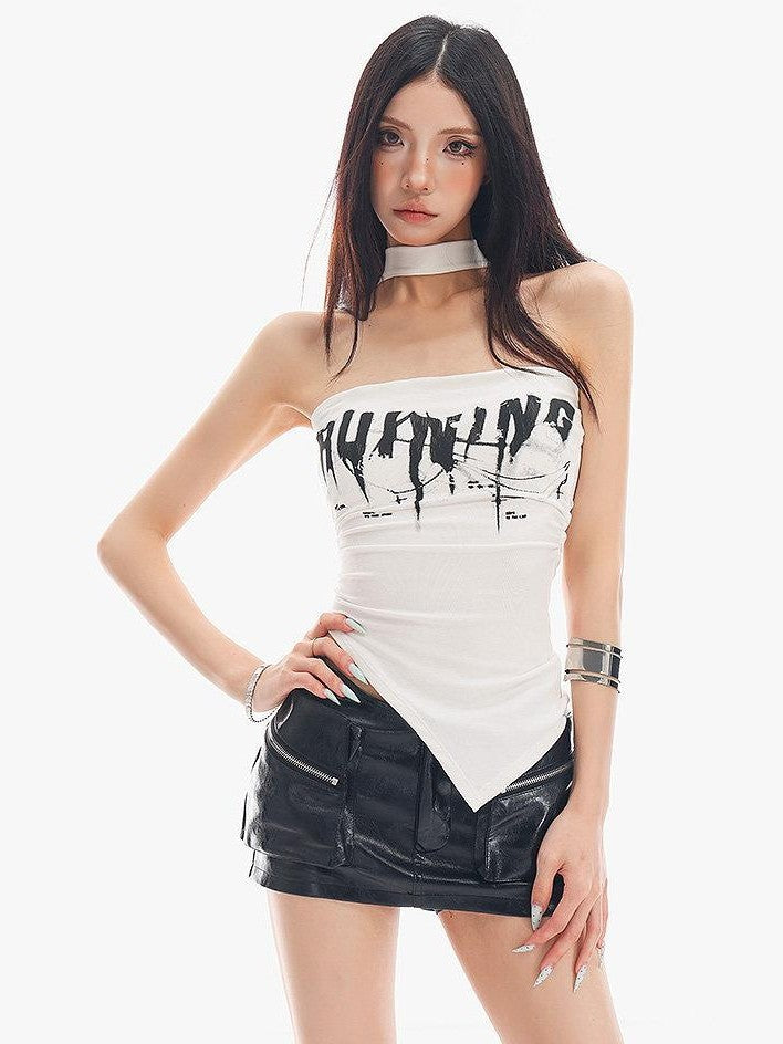 QIUQIU STUDIO Letter Print Asymmetrical Hem Cropped Slim Fit Women&