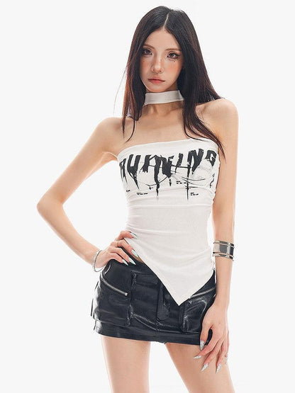 QIUQIU STUDIO Letter Print Asymmetrical Hem Cropped Slim Fit Women&