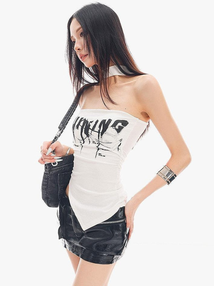 QIUQIU STUDIO Letter Print Asymmetrical Hem Cropped Slim Fit Women&
