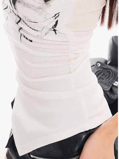 QIUQIU STUDIO Letter Print Asymmetrical Hem Cropped Slim Fit Women&